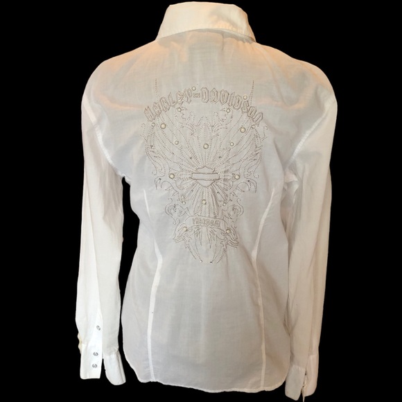 Harley-Davidson Shirt Women Silver White Pearl Snap Closure Embroider Spellout M - Picture 3 of 16